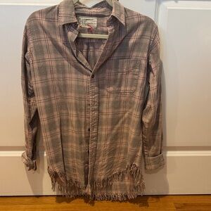Current/Elliott Plaid Fringe Hem Shirt - Pink and Gray